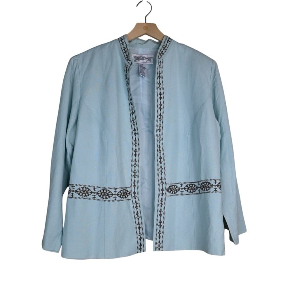 Jessica Howard Womens 16 Lined Pale Blue Embroidered Linen Blend Blazer